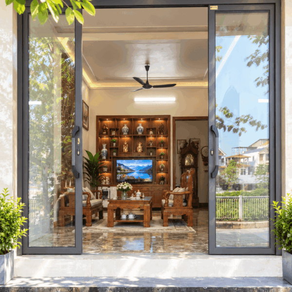 Cửa trượt quay Eurotech Hệ Vip 68 – Nẹp rời 8.0 Màu cà phê 2 cánh