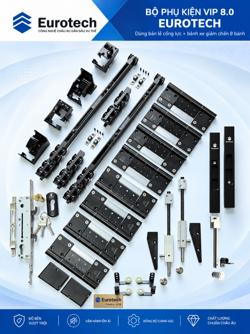 Bộ phụ kiện cửa trượt quay Eurotech VIP 8.0 - bản lề cộng lực, bánh xe giảm chấn 8 bánh