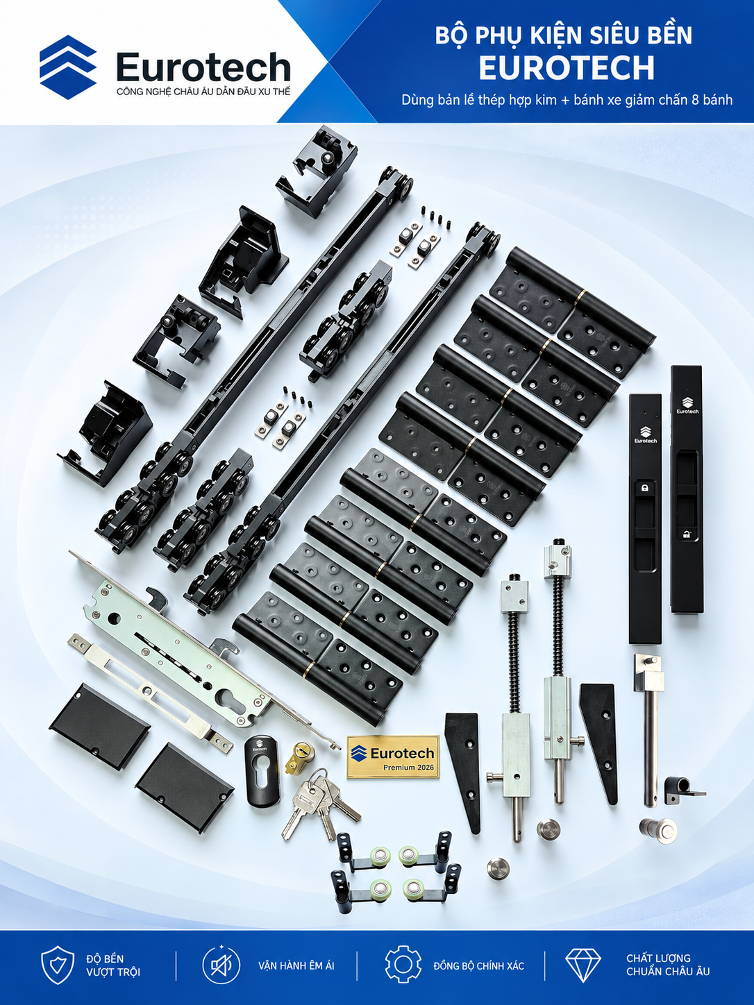 Bộ phụ kiện cửa trượt quay Eurotech siêu bền - bản lề thép hợp kim, bánh xe giảm chấn 8 bánh