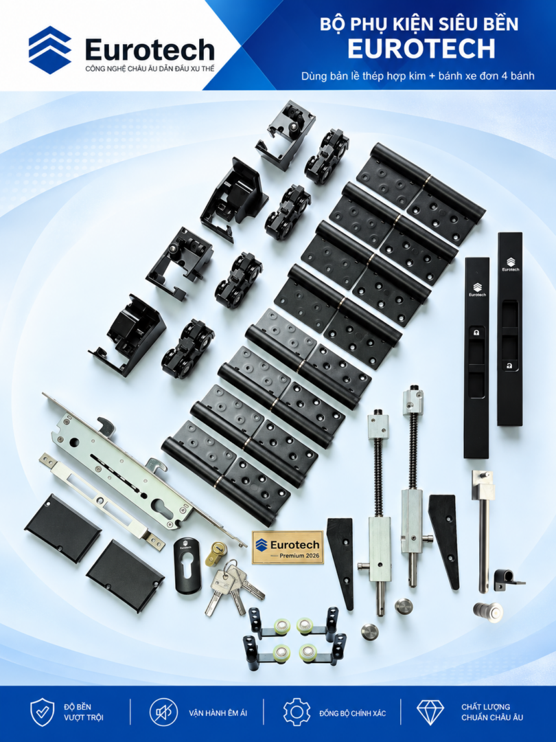 Bộ phụ kiện cửa trượt quay Eurotech siêu bền - bản lề thép hợp kim, bánh xe đơn 4 bánh