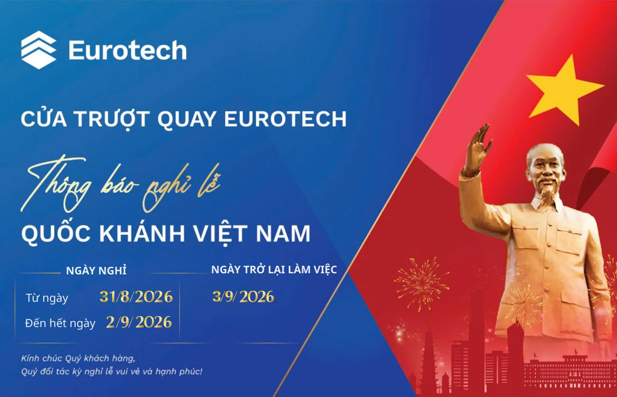 THÔNG BÁO LỊCH NGHỈ LỄ QUỐC KHÁNH 02/09/2026