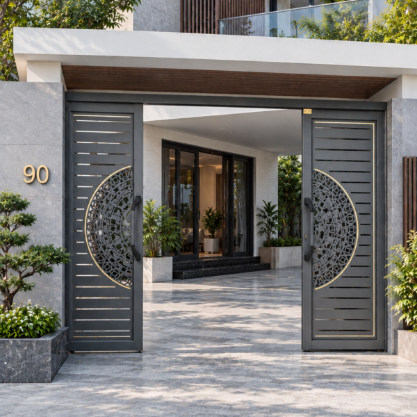 Cổng trượt quay Eurotech hệ Hoàng Gia nẹp rời 8.0 – màu ghi xám, cánh mở trượt