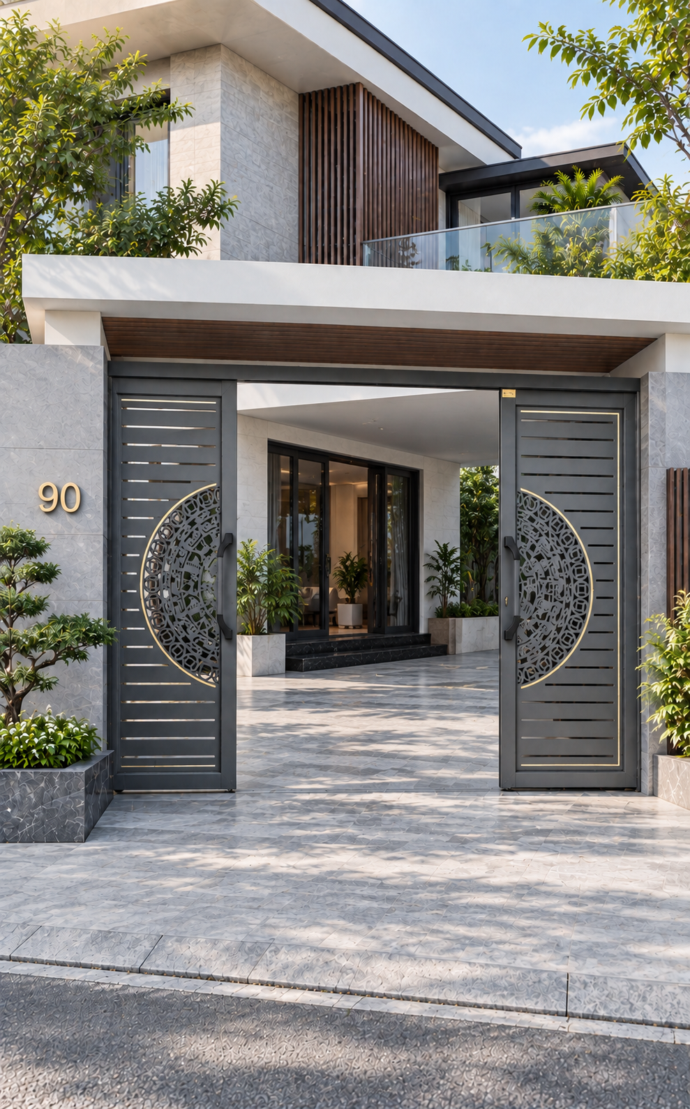 Cổng trượt quay Eurotech hệ Hoàng Gia nẹp rời 8.0 – màu ghi xám, cánh mở trượt