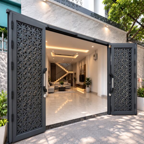 Cổng trượt quay Eurotech VIP 68 xám đá – mở quay áp sát tường, lối vào rộng nhất