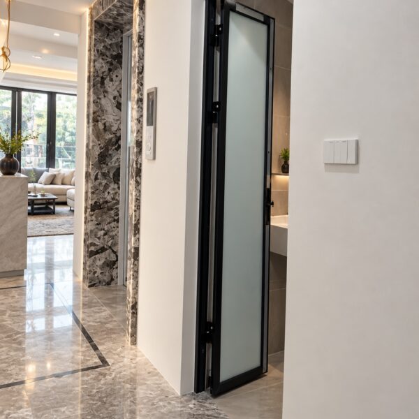 Cửa Eurotech hệ siêu mảnh khung đen kính mờ – cửa nhà tắm cánh mở quay