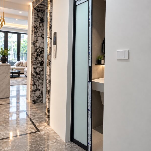 Cửa trượt Eurotech hệ siêu mảnh khung đen kính mờ – cửa nhà tắm cánh trượt hé mở
