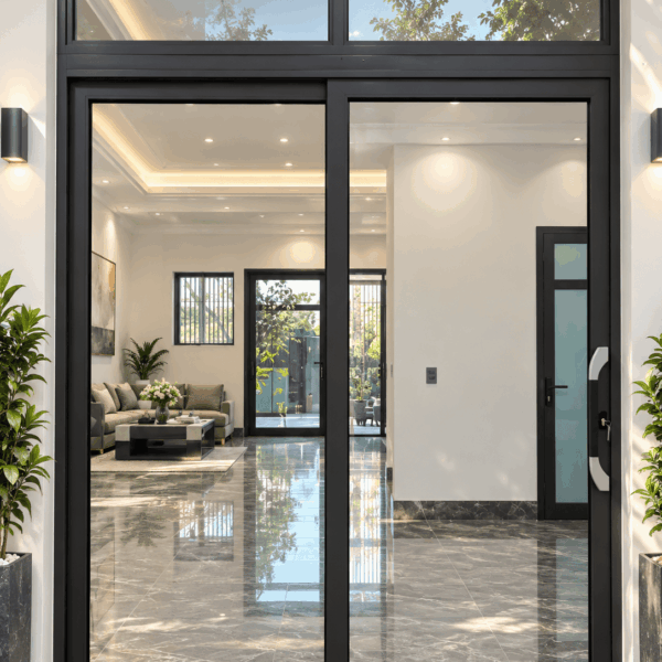 Cửa trượt quay Eurotech hệ Hoàng Gia Bản 90 nẹp rời 8.0 – màu nâu cà phê, 2 cánh, có ô fix