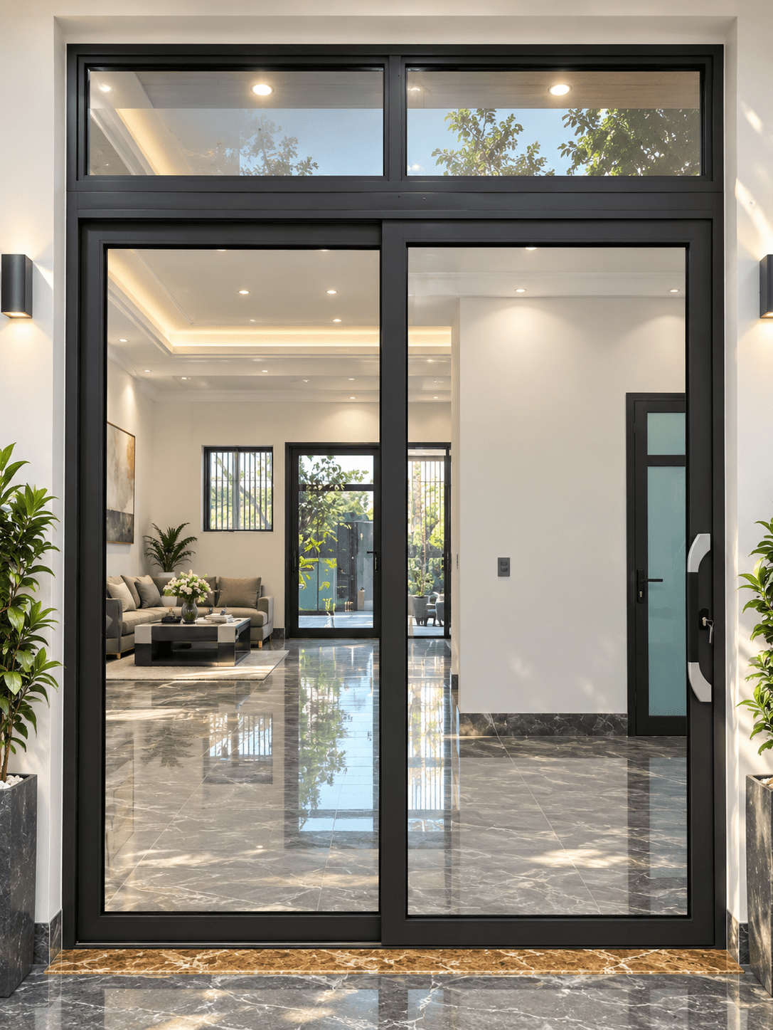 Cửa trượt quay Eurotech hệ Hoàng Gia Bản 90 nẹp rời 8.0 – màu nâu cà phê, 2 cánh, có ô fix