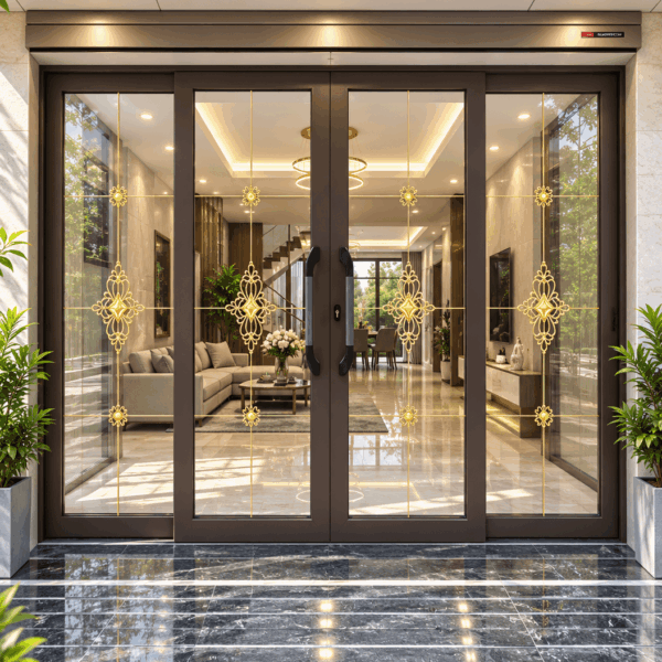 Cửa trượt quay Eurotech hệ Hoàng Gia Bản 90 nẹp rời 8.0 – màu nâu cà phê, không ô fix