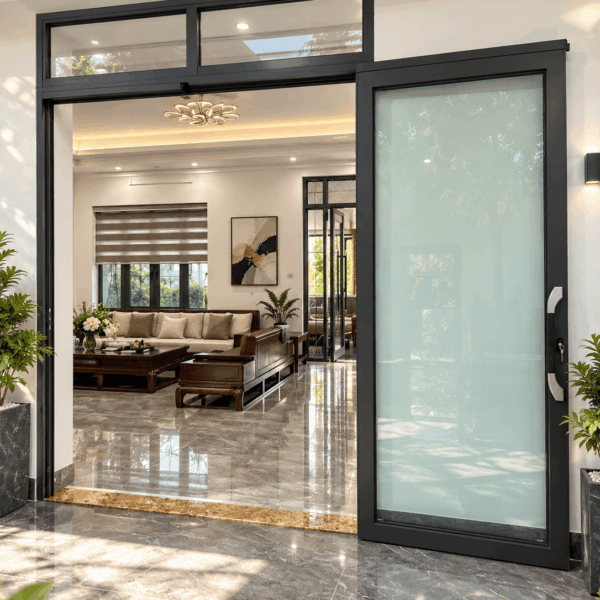 Cửa trượt quay Eurotech hệ Hoàng Gia Bản 90 nẹp rời 8.0 – màu nâu cà phê, 2 cánh, cánh mở, có ô fix