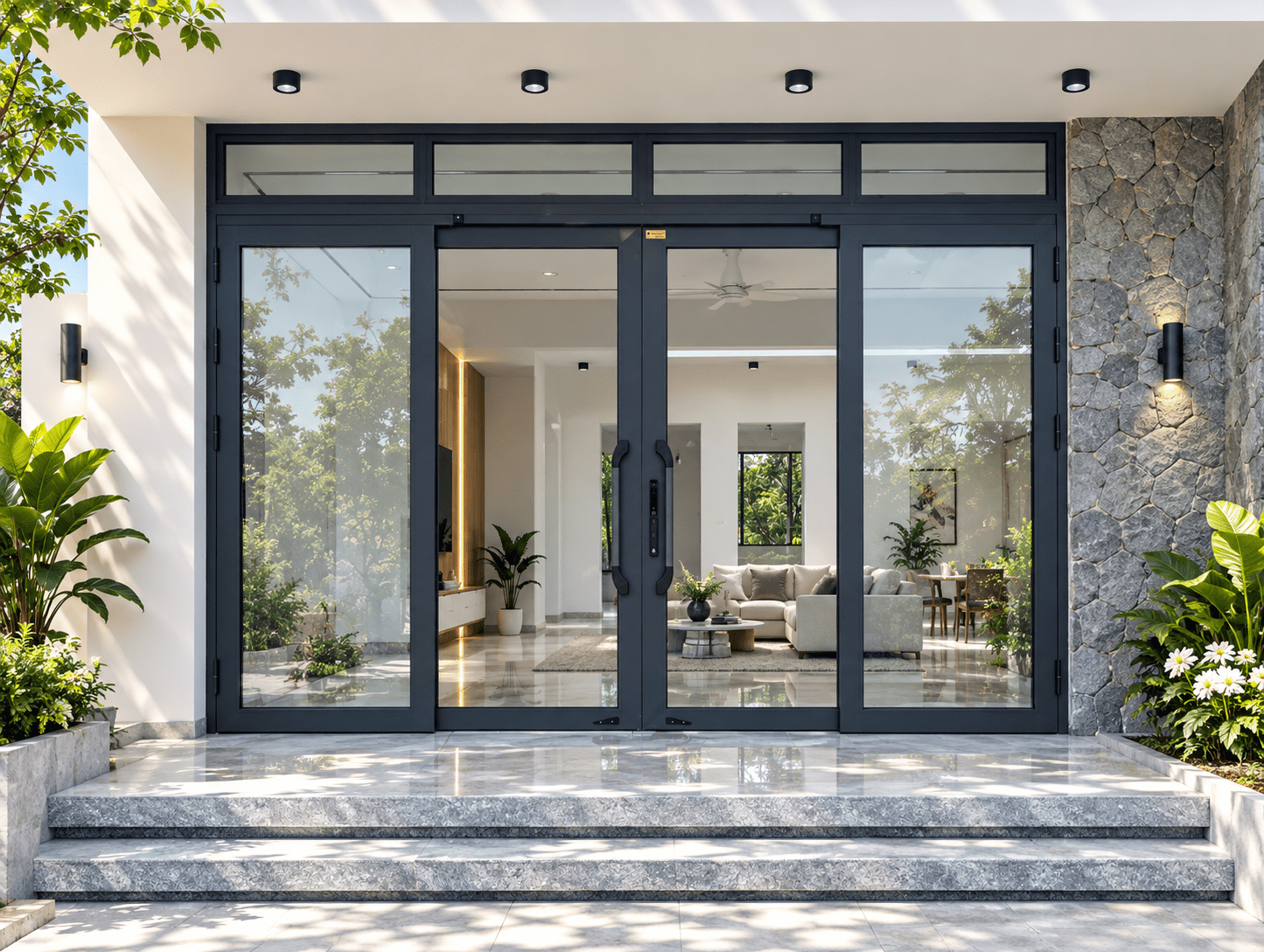 Cửa trượt quay Eurotech hệ Hoàng Gia Bản 90 nẹp rời 8.0 – màu xám đá, có ô fix (góc 2)