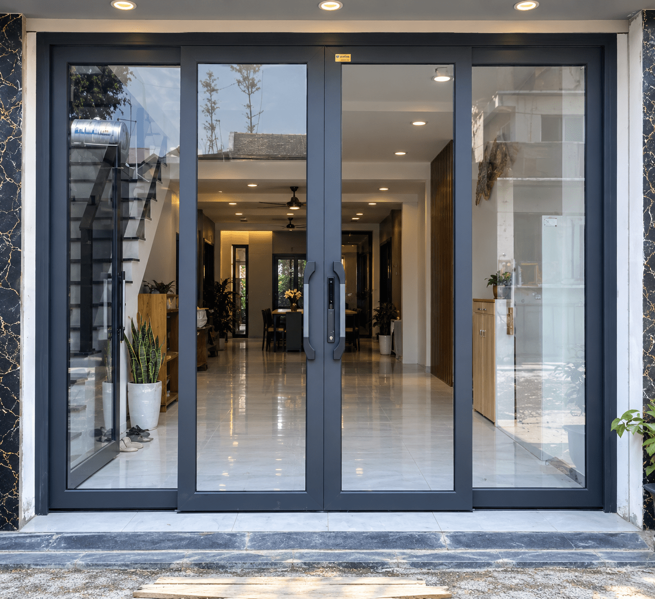 Cửa trượt quay Eurotech hệ Hoàng Gia Bản 90 nẹp rời 8.0 – màu xám đá, không ô fix