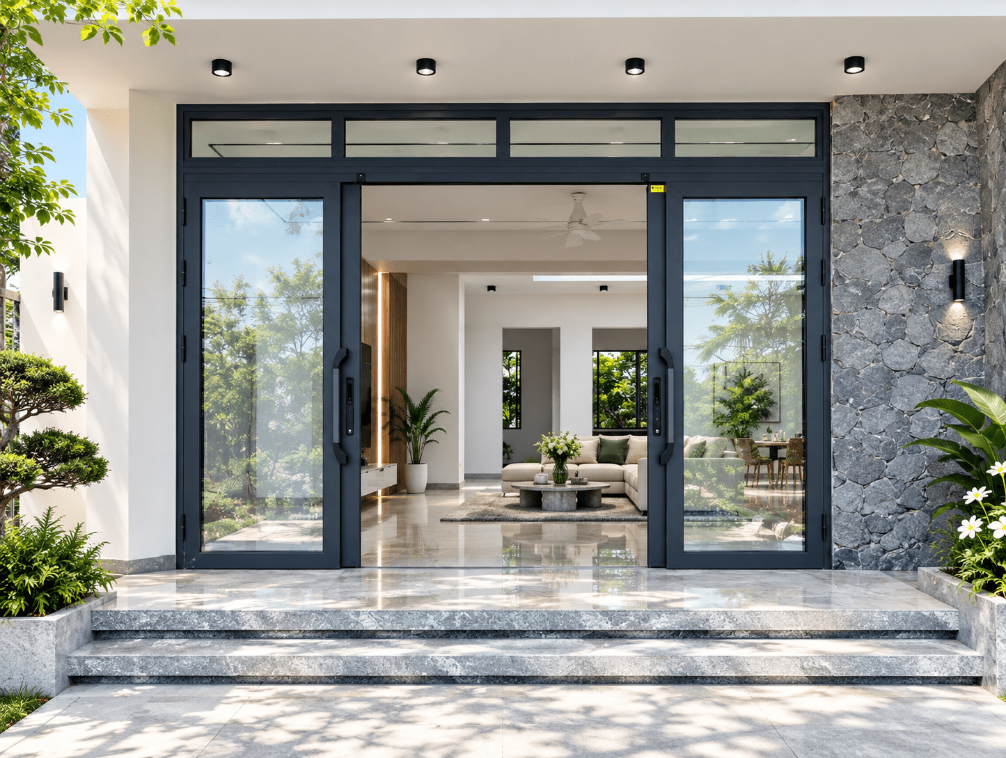 Cửa trượt quay Eurotech hệ Hoàng Gia Bản 90 nẹp rời 8.0 – màu xám đá, mở trượt, có ô fix