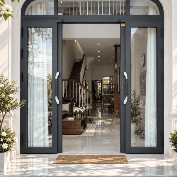 Cửa trượt quay Eurotech hệ Hoàng Gia Bản 90 nẹp rời 8.0 – màu xám đá, uốn vòm, mở trượt
