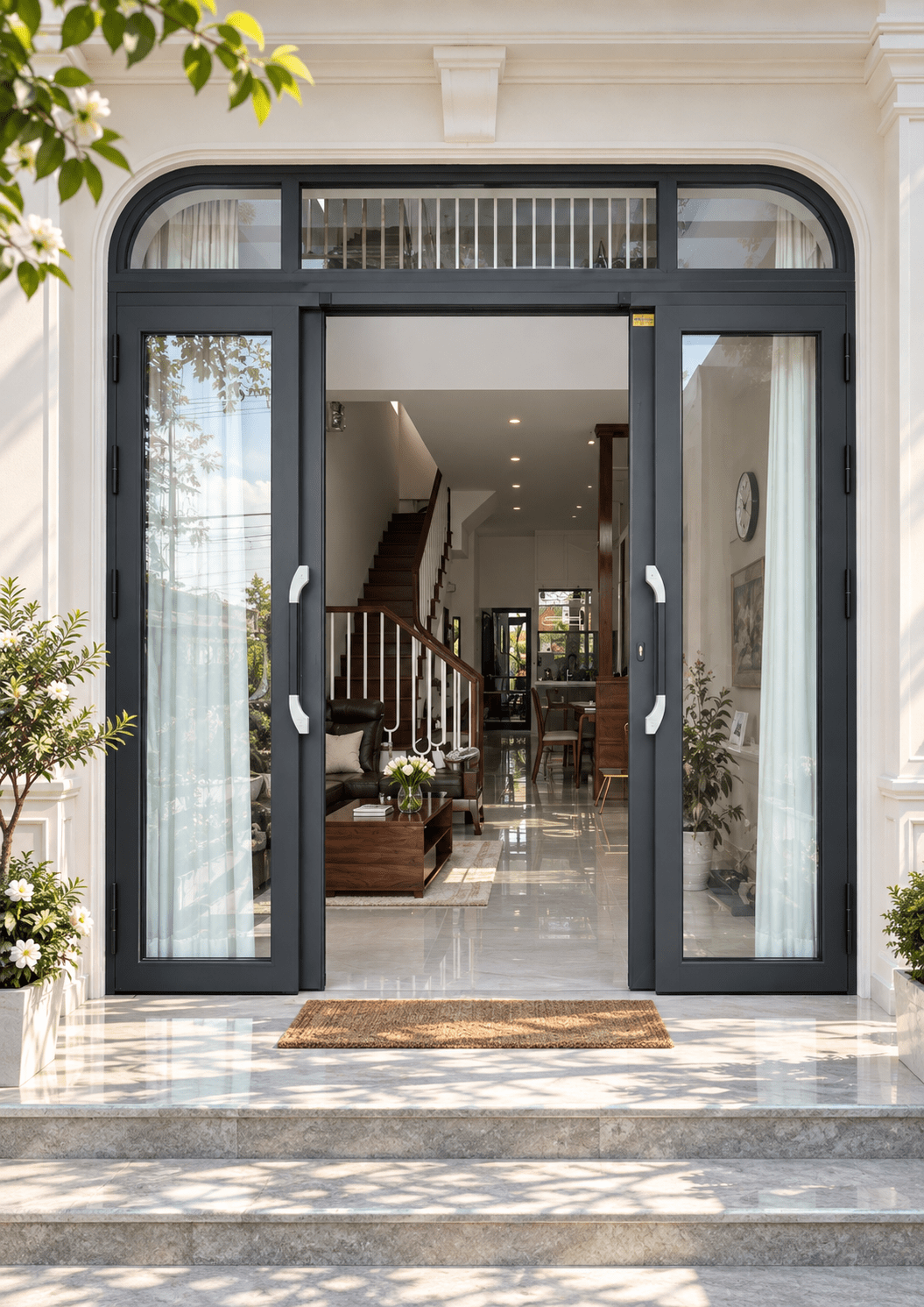 Cửa trượt quay Eurotech hệ Hoàng Gia Bản 90 nẹp rời 8.0 – màu xám đá, uốn vòm, mở trượt