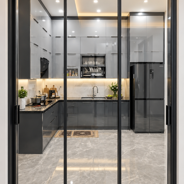 Cửa trượt Slim Eurotech hệ nội thất 3 canh ngan bep
