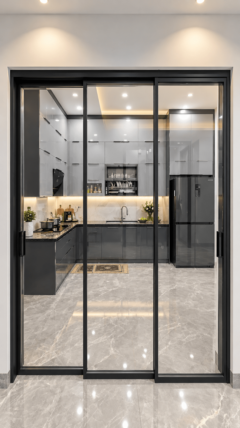 Cửa trượt Slim Eurotech hệ nội thất 3 canh ngan bep