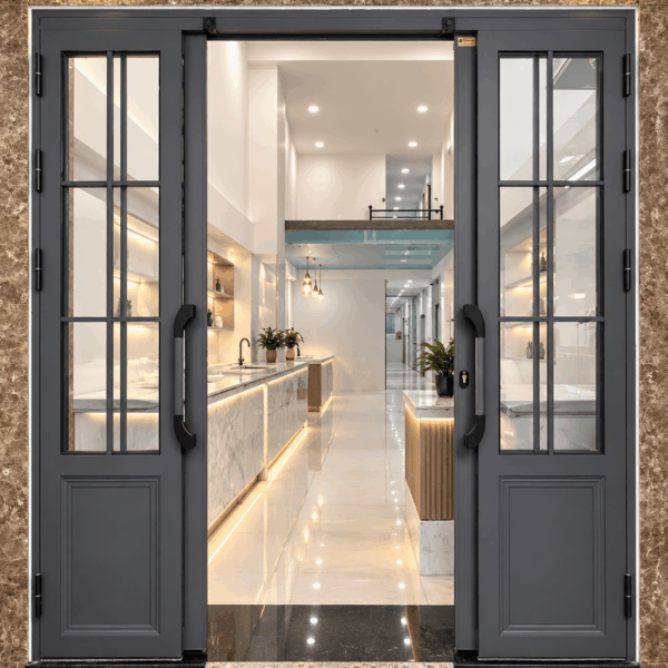 Cửa Trượt Quay Eurotech Hệ VIP 68 - Nẹp Rời 8.0 Màu Ghi Xám – Kiểu Chia Ô Kính