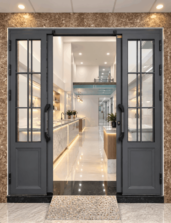 Cửa Trượt Quay Eurotech Hệ VIP 68 - Nẹp Rời 8.0 Màu Ghi Xám – Kiểu Chia Ô Kính