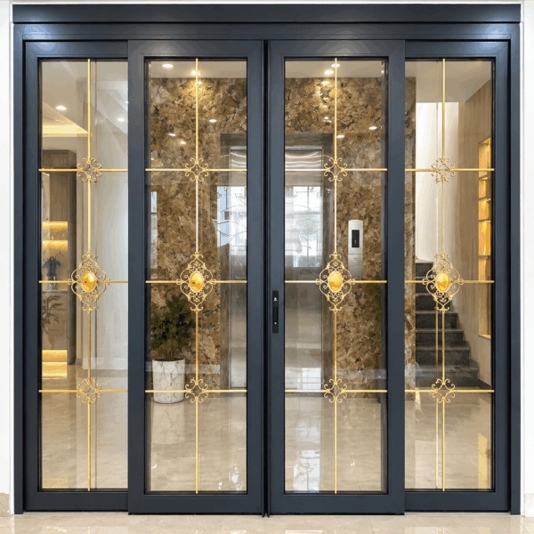 Cửa Trượt Quay Eurotech Hệ VIP 68 - Nẹp Rời 8.0 Màu Xám Đá – 4 Cánh Kính Hộp Nan Đồng
