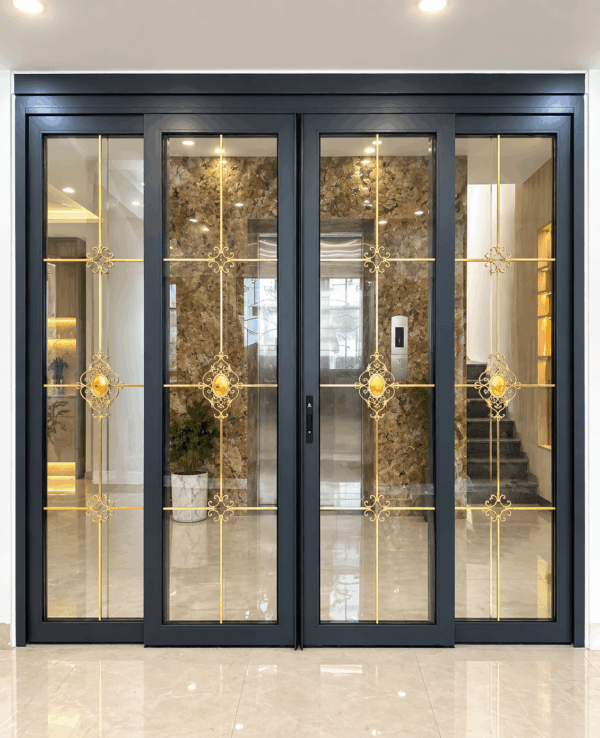 Cửa Trượt Quay Eurotech Hệ VIP 68 - Nẹp Rời 8.0 Màu Xám Đá – 4 Cánh Kính Hộp Nan Đồng