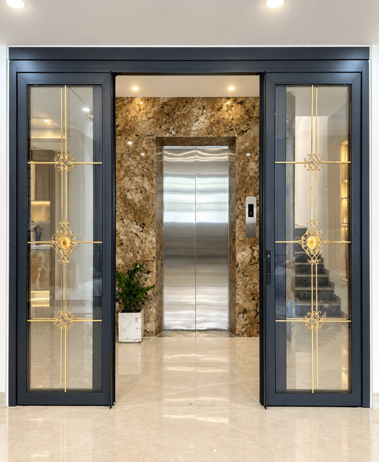 Cửa Trượt Quay Eurotech Hệ VIP 68 - Nẹp Rời 8.0 Màu Xám Đá – 4 Cánh Kính Hộp Nan Đồng